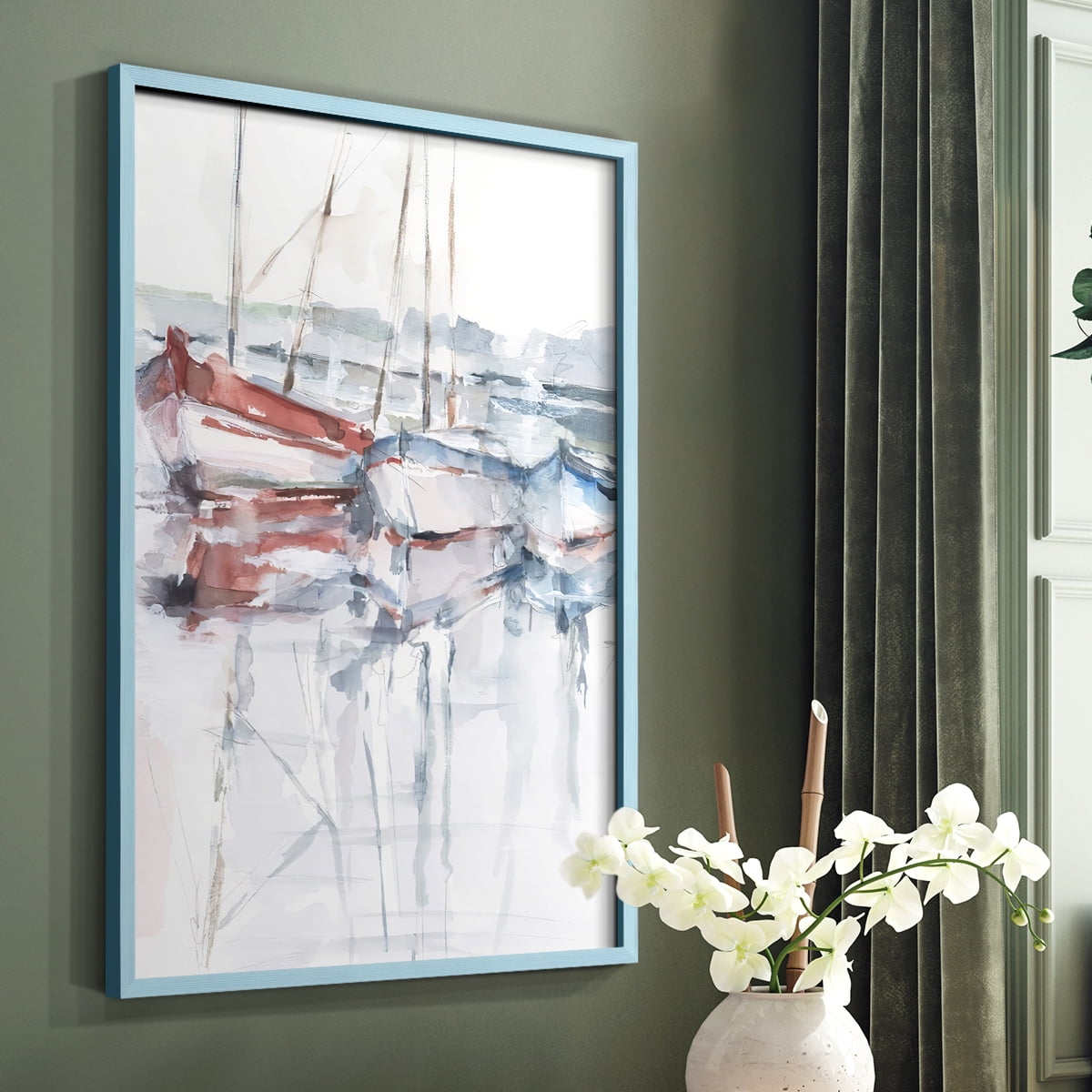 Watercolor Harbor Study II Framed Print in Blue Solid Wood 11 x 14 Framed Print