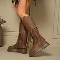 thumbnail image 5 of Chunky Lug Sole Riding Boots for Women Round Toe Tassel Studded Mid Calf Buckle Strappy Zipper Booties, 5 of 8