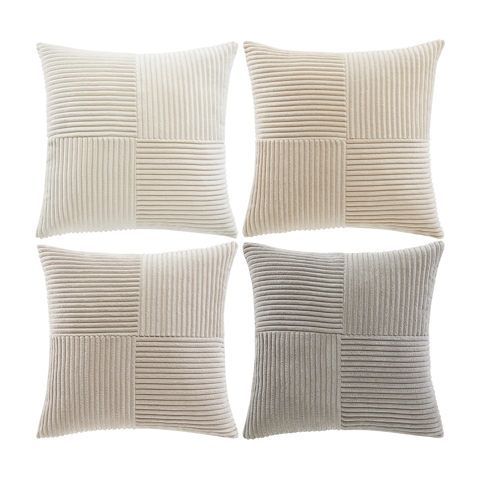 Fancy Homi 4 Pcs Neutral Decorative Throw Pillow Covers 20x20 inch for Living Room Couch Bed Sofa, Rustic Farmhouse Boho Home Decor, Soft Cross Striped Corduroy Patchwork Square Cushion Case 50x50cm