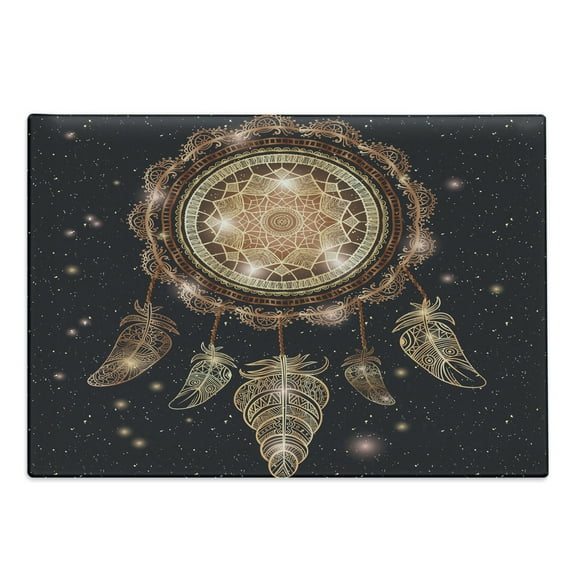 Mandala Cutting Board, Dreamcatcher Motif Magic Feathers Hippie Design on Starry Backdrop, Decorative Tempered Glass Cutting and Serving Board, Large Size, Multicolor, by Ambesonne