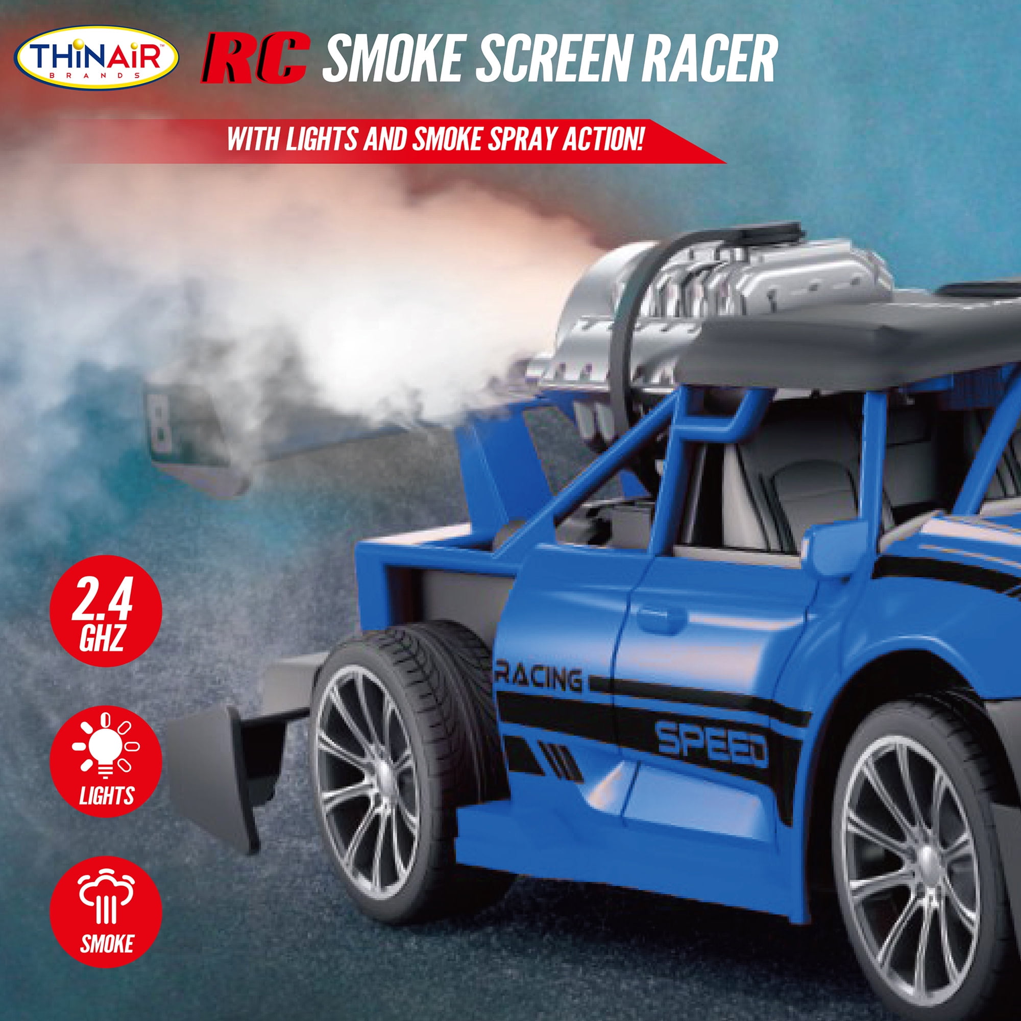 Hyper Drive: RC Smoke Screen Racer - Blue - Light-Up Remote Control Car, Spraying Vapor Mist, Toy Vehicle Performs Stunts & Tricks, 2.4 GHz, Kids 5+