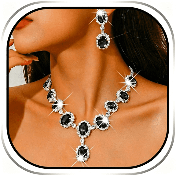 DESIGNICE Black Jewelry Set Rhinestone Formal Necklace Earrings Set for Women