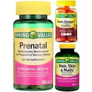 Spring Valley Prenatal+ Bundle - (Prenatal Multivitamin Tablets 100 Count, Hair, Skin & Nails Caplets, 240 Count, Brain Omega-3 from Algal Oil Gummy, 60 Count).