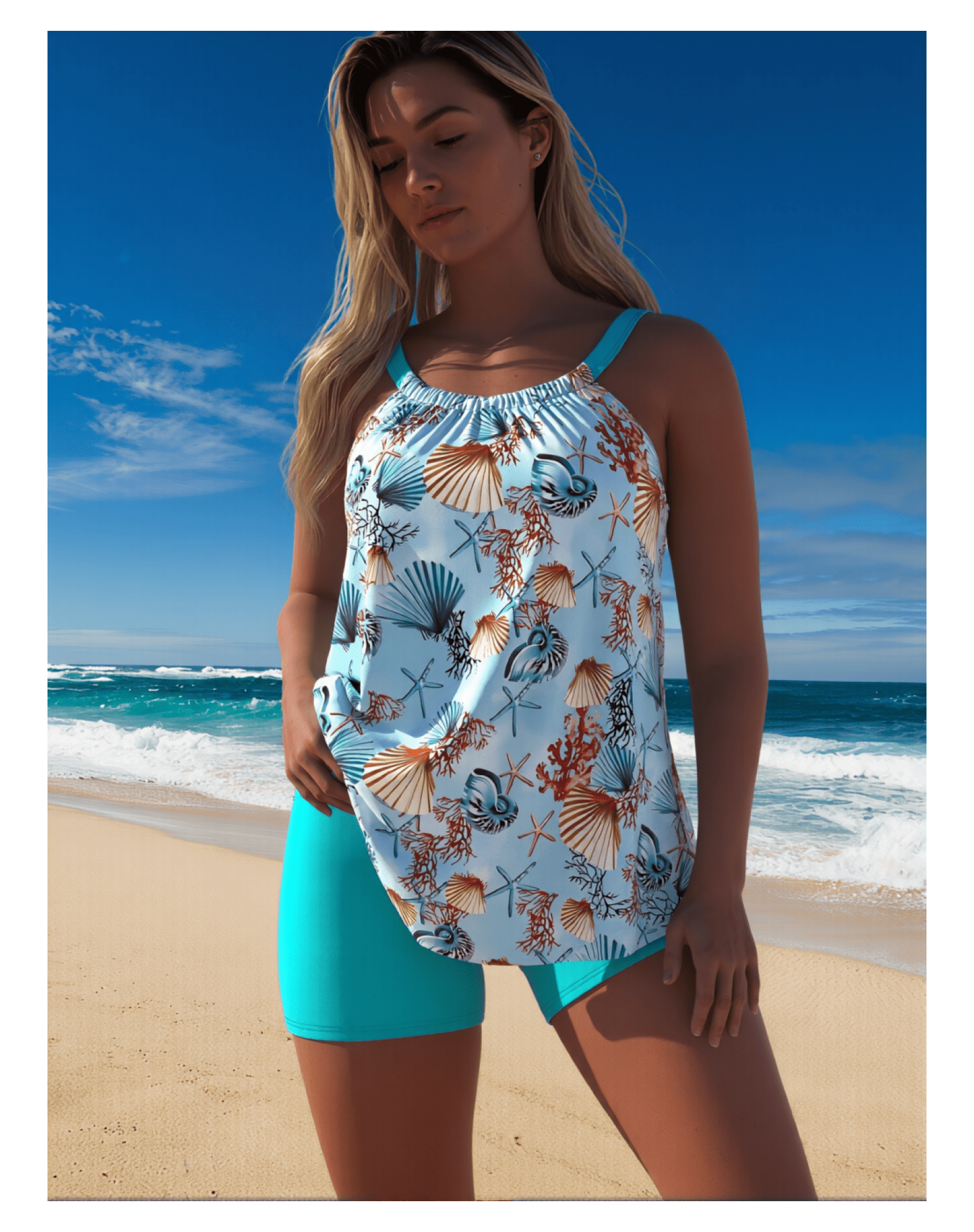 Women's Seashell Starfish Print Ruched Tankini Swimsuit - Two Piece with Turquoise Boyshorts, Beach Vacation Bathing Suit Sizes XL-4XL