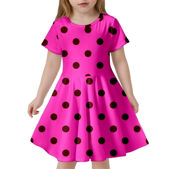 Rggeeun Toddler Children Fashion Polka Dot Print Slim Short Sleeved Dress Stylish Casual O-Neck Sundress