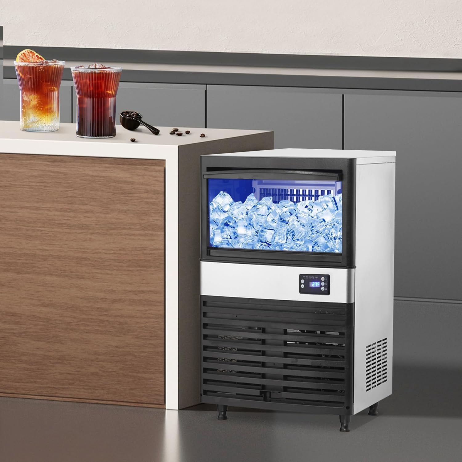 Commercial Ice Maker Machine, 150LBS/24H Ice Machine with 30LBS Bin and Drain Pump, Water Filter, Scoops Included, with Blue Light Under Counter Ice Maker Machine