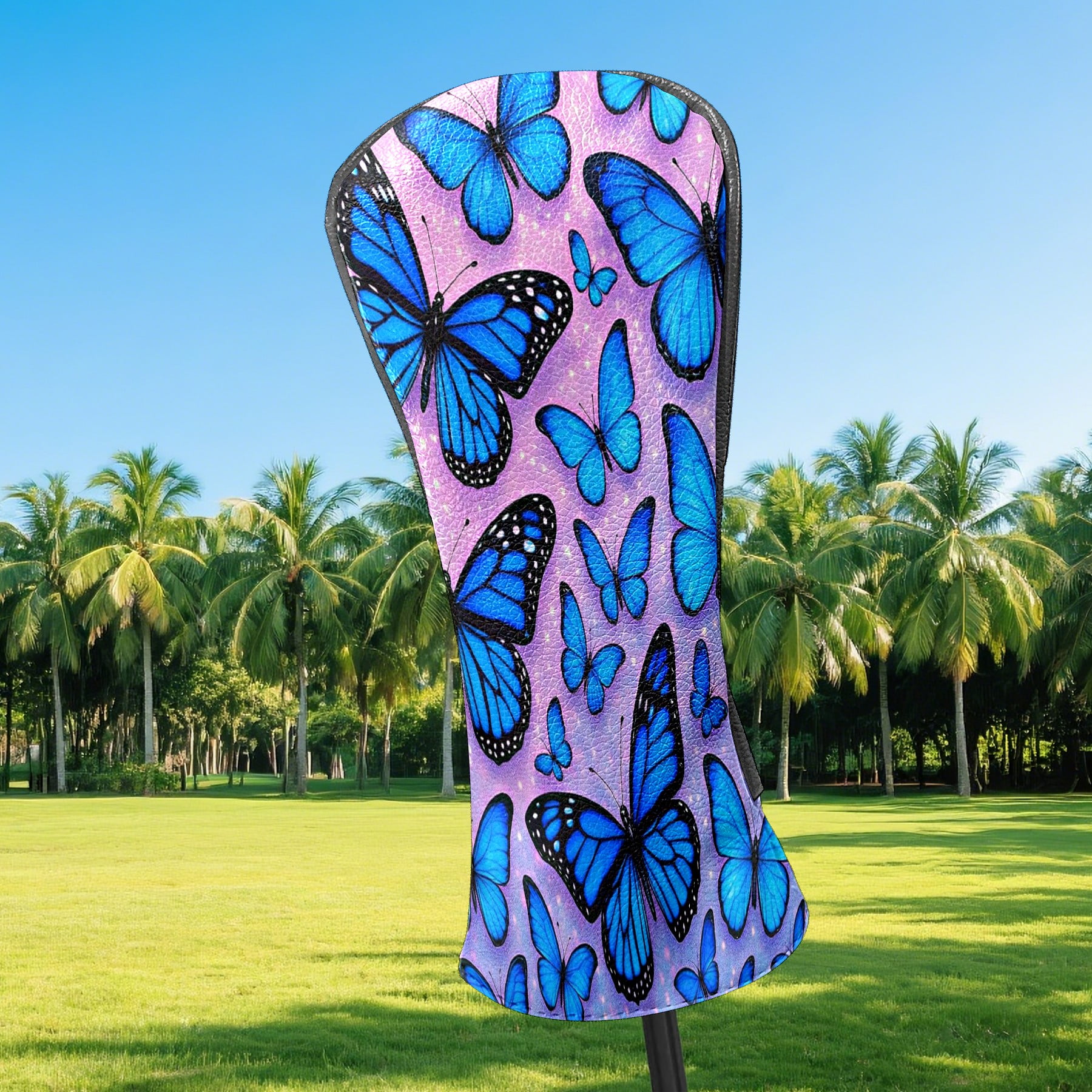 Golf Club Head Covers - Blue Butterflies Design, Premium PU Leather Driver Hybrid Headcovers with Velvet Lining, Waterproof Golf Gifts for Men Women