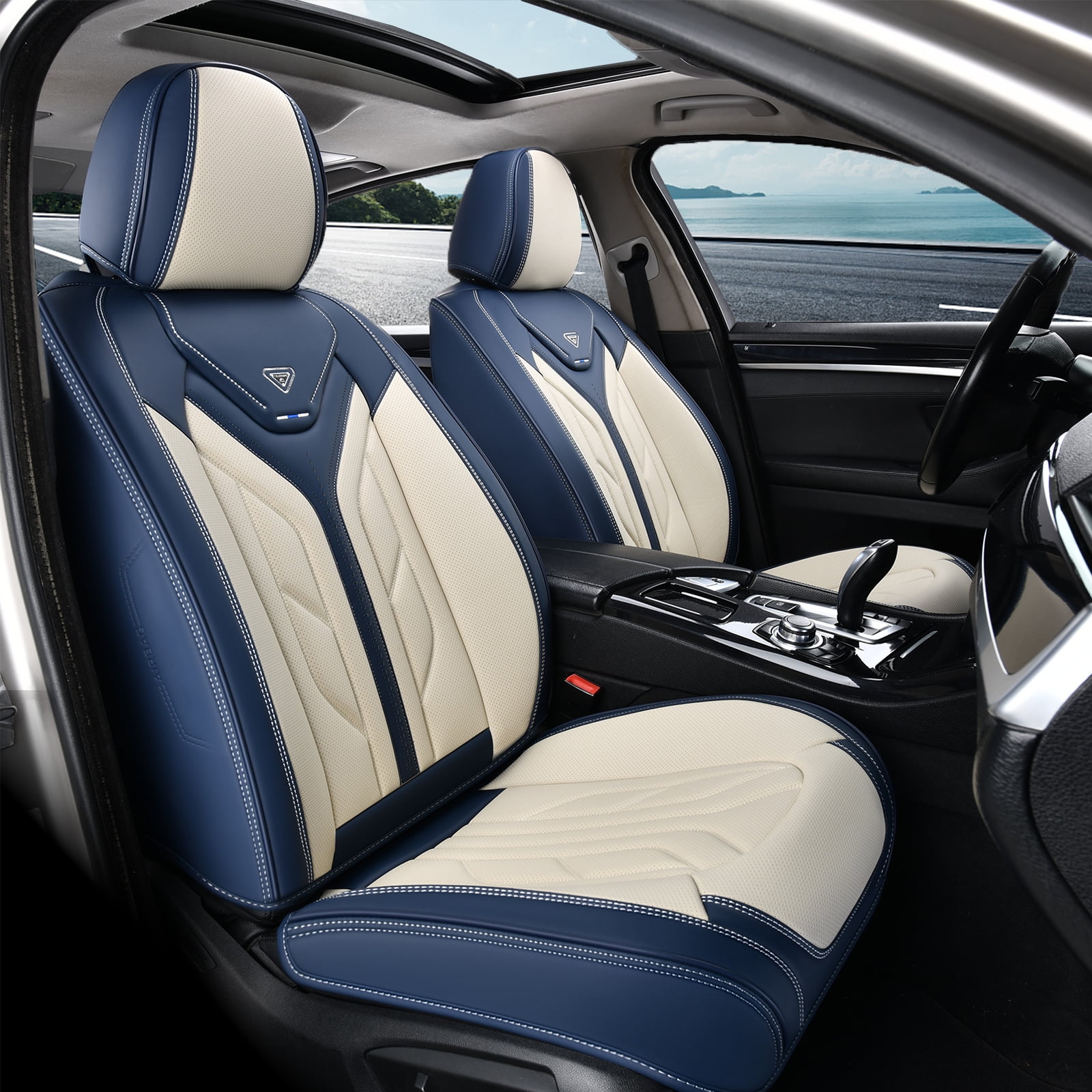 Coverado Car Seat Covers Full Set, Waterproof Airbag Compatible Faux Leather Front and Back Car Seat Protectors, Universal Fit for Most Sedans SUV Pick-up Truck, Blue&Beige