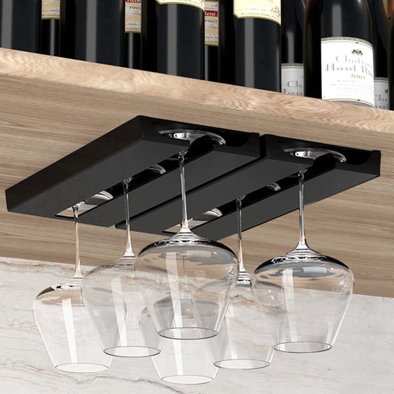 Vaisoeny Wine Glass Holder Under Cabinet ，Wine Glass Rack - Under Cabinet Stemware Wine Glass Holder Glasses Storage Hanger plastic Organizer for Bar Punch-free Self-adhesive 2 Pack（Black）