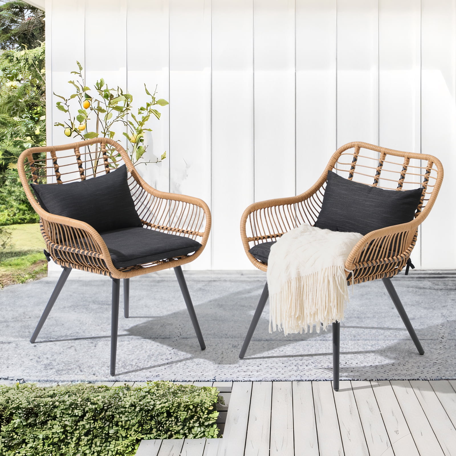 JOIVI All-Weather Outdoor Wicker Dining Chairs Set of 2, Patio Rattan Chairs with Cushions & Armrests, Outdoor Wicker Porch Chairs for Lawn, Balcony, Garden, Black