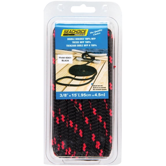 Seachoice 42431 High Quality Dock Rope for Boating - Double-Braid MFP Dock Line, -Inch x 15 Feet, Black/Red