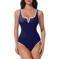 thumbnail image 2 of Women Sexy Tummy Control One Piece Swimsuits V Wired Slimming Bathing Suit Color Block Printed Swimwear Royal Blue L, 2 of 6
