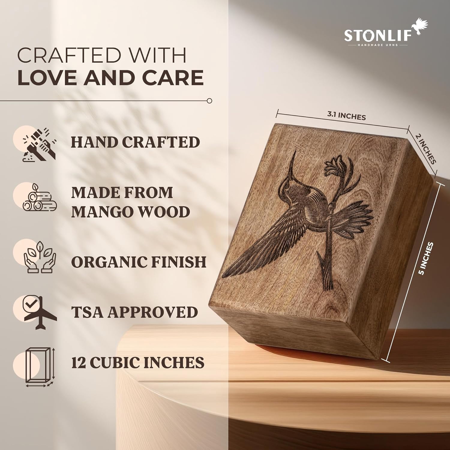 Cremation Urns for Human Ashes - Humming Bird Wooden Box and Casket for Men, Women and Child Ashes - Funeral Memorial Burial Urn for Cat Dog Pet Ashes - Keepsake (12 Cu/in)