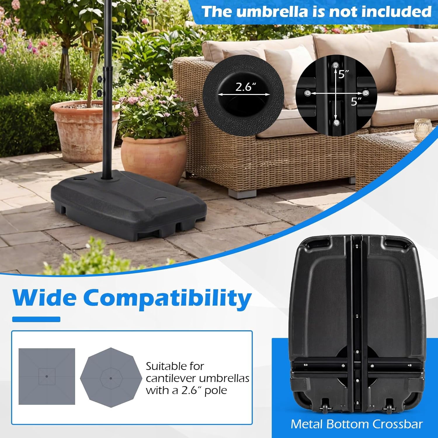 Springg Cantilever Umbrella Base with 2 Wheels, 225 Lbs HDPE Offset Umbrella Stand with Crossbar, Water & Sand Fillable Weighted Umbrella Plate for Yard, Garden, Poolside
