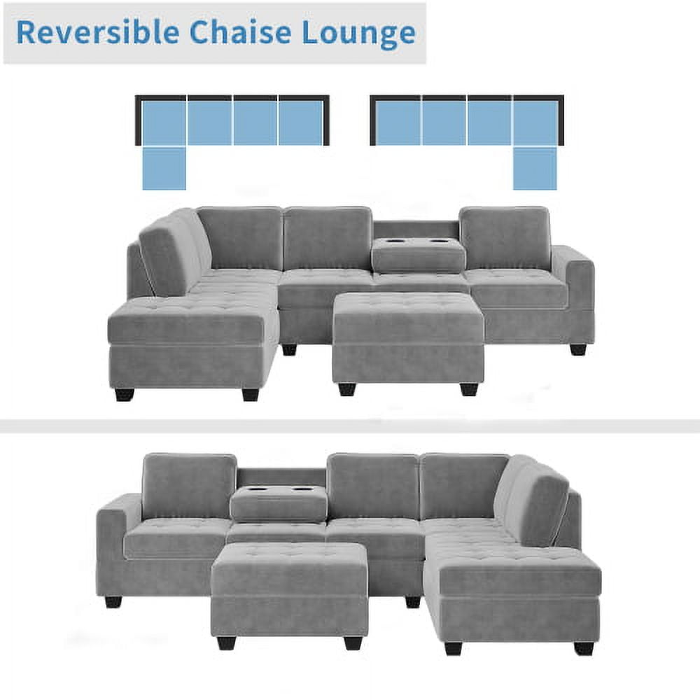 MOONMISS Orisfur. Modern Sectional Sofa with Reversible Chaise, L Shaped Couch Set with Storage Ottoman and Two Cup Holders for Living Room，Light Gray
