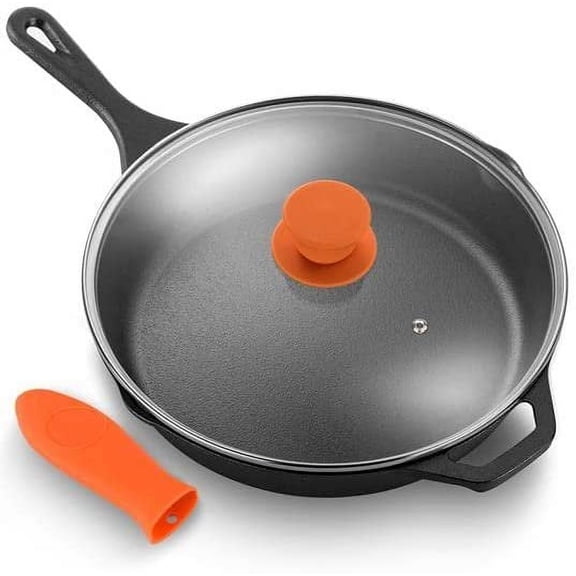 10" Pre-Seasoned Cast Iron Pan - PFOA-Free Oven Safe Kitchen Nonstick Cookware Frying Pan Skillet w/Glass Lid, Drip Spout, Silicone Handle - Gas/Electric/Ceramic/Induction Cooktop -NCCI10