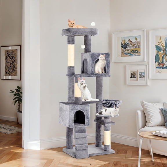 Uforic 70" Cat Tree Condo Multi-Level Tower with Scratching Posts &Cozy Basket for Indoor Cats, Light Gray
