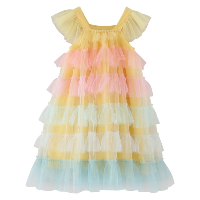 MEZZALL Robe Princesse à Manches Volantes en Tulle Arc-en-Ciel pour Filles Tout-Petits, Robe de Fête Dansante, Robe d'Été Adorable, Jaune, 4-5 Ans