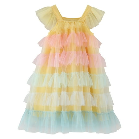 

BSDHBS Girls Dresss Toddler Girls Fly Sleeve Rainbow Tulle Ruffles Princess Dress Dance Party Dresses Clothes