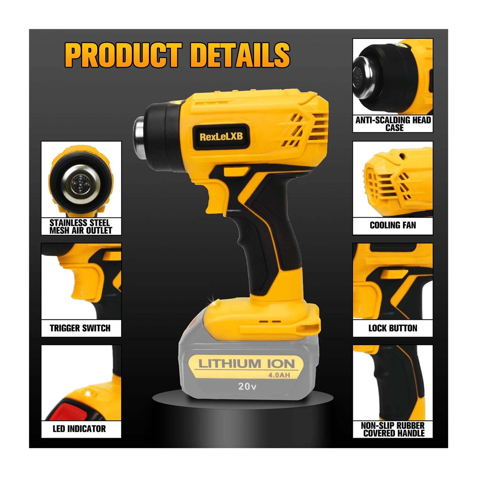 400W Cordless Heat Gun for 20V Battery 500°C Cordless Handheld Hot Air Gun with 4 Nozzles for DIY Crafts (No Battery) ,Variable Temperature