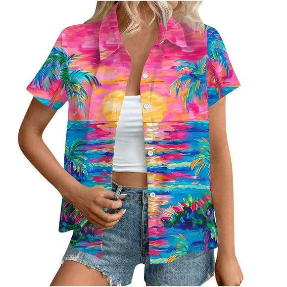 TIMIFIS Womens Hawaiian Shirts Button Up Casual Tropical Shirt Summer Beach Graphic Shirt V Neck Collared Cool Short Sleeve Blouse Tops