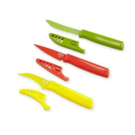 Kuhn Rikon Specialty Paring Knife Colori, Bird's Beak/Yellow, Mini Paring/Red, Curved Serrated/Green, Set of