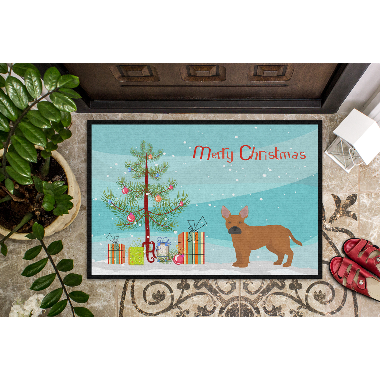 Carolines Treasures CK3828JMAT Tan French Bulldog Pit Bull Mix Christmas Tree Door Mat Indoor Rug or Outdoor Welcome Mat