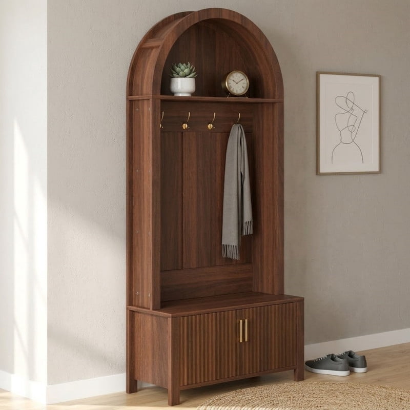 Farmhouse Arched Hall Tree with Storage Bench, Mudroom Bench with 2-Door Cabinet, 70.3'' Coat Rack with 4 Metal Hooks, Entryway Mudroom Organizer with Solid Wood Legs for Hallway & Living Room
