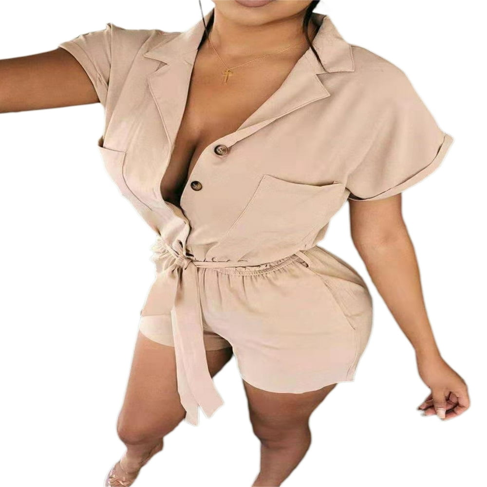 Women Playsuits Solid Short Sleeve Buttoned Lapel Romper Ladies Belted Waist Jumpsuits Khaki M