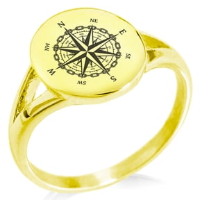 Stainless Steel Nautical Chaim Compass Minimalist Oval Top Polished Statement Signet Ring