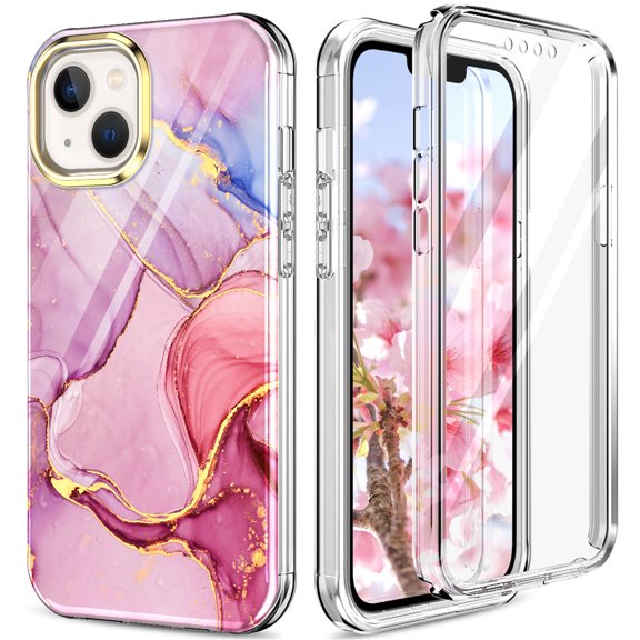 iPhone 14 Case with Screen Protector, [Wireless Charging] Shockproof Drop Protection Dual Layer Rugged Hybid Back Cover with TPU Impact Resistant Bumper for Apple iPhone 14 (2022), Pink Marble