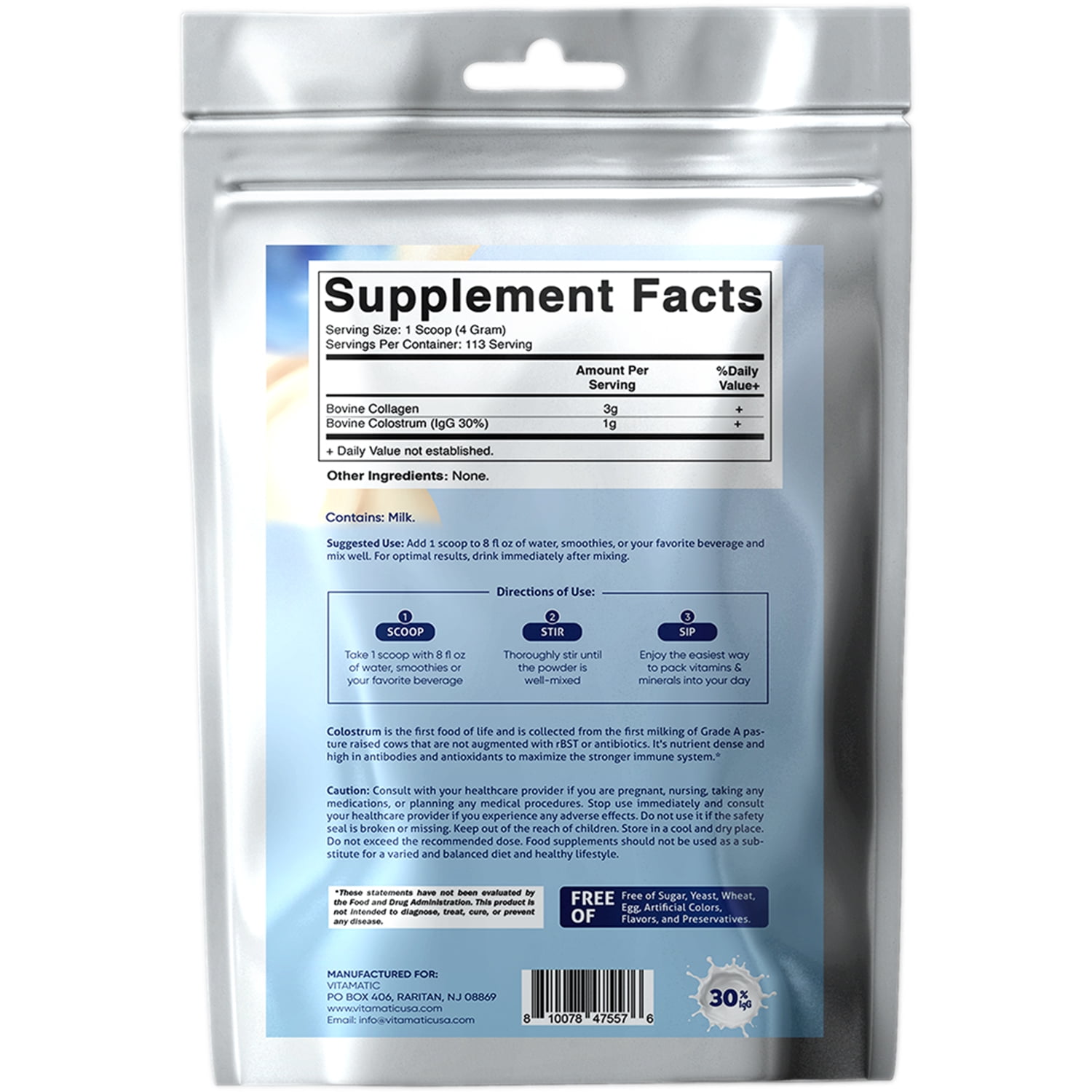Vitamatic Bovine Colostrum + Collagen Powder - Supplement for Gut Health, Hair Growth, Beauty, Muscle Recovery, & Immune Support - Unflavored - 454 Gram, (16 oz)