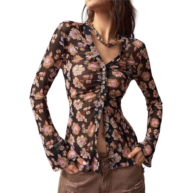 Camisas Abotonadas para Mujer, Estilo Boho, con Cuello en V, Larga, Fruncidas, de , Ajustadas, con Estampado Floral de Color XXL