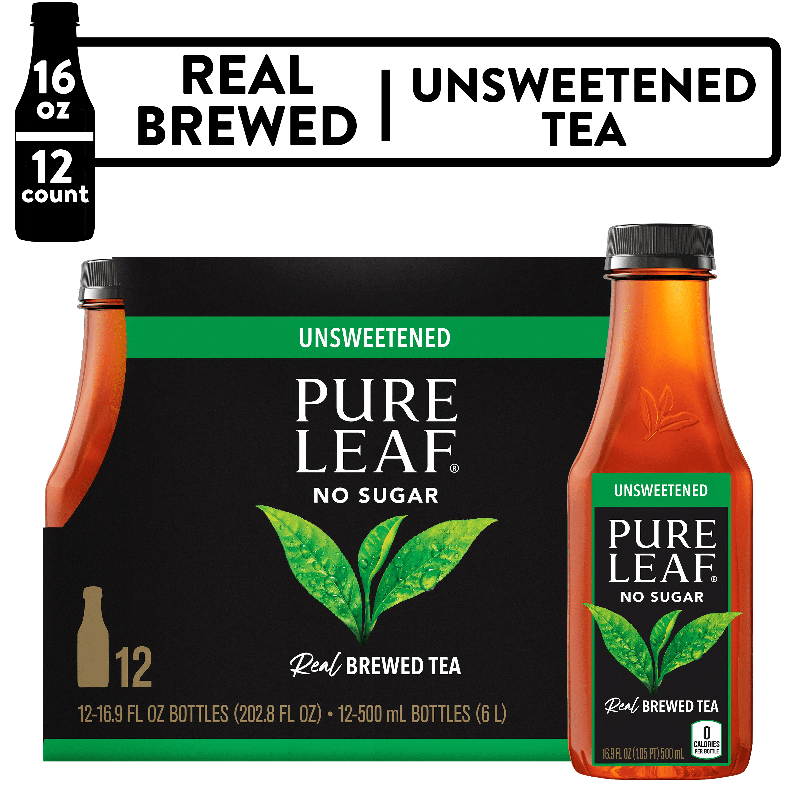 Lipton Pure Leaf Unsweetened Real Brewed Black Iced Tea, 16.9 fl oz, 12 Pack Bottles