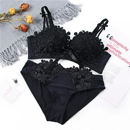 

Women Lace Oriental Cherry Bra Sets Sexy Padded Push Up Lace Bras Cotton Crotch Low Waist Lace Panties Suits Black 32B