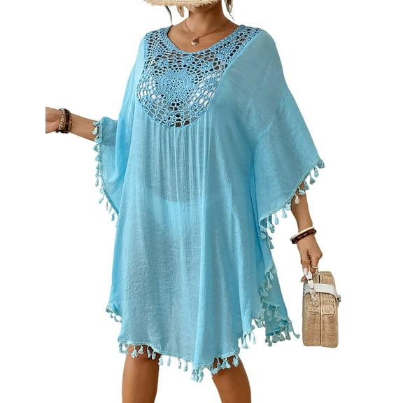 Tassel Swimsuit Cover Up Dress for Women Bohemian Bathing Batwing Hollow Out Crochet Beach Outfits Ice Blue One Size