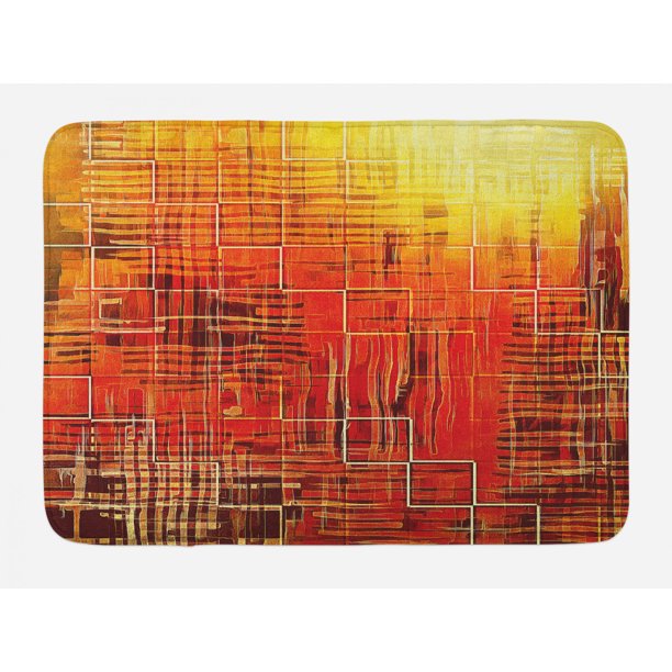 Burnt Orange Bath Mat, Modern Mosaic Art Texture with Small Frames and