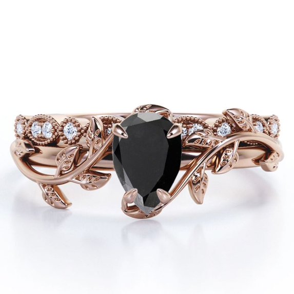 Inspired by Nature - 1.25 Carat Pear Shape Lab Grown Black Diamond and Moissanite - Filigree Milgrain Wedding Ring Set - 18K Rose Gold Plating over Silver