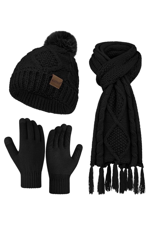 3 Pieces Women Winter Beanie Hat Gloves Scarf Set, Soft Warm Thick Touch Screen Knitted Black