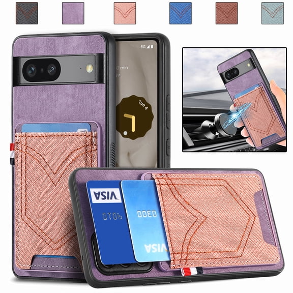 for Google Pixel 7 Wallet Case, Support Magnetic Car Mount, Vintage PU Leather Credit Card Slots Purse Phone Cover for Google Pixel 7 Women Men Shockproof Protective Case, Purple