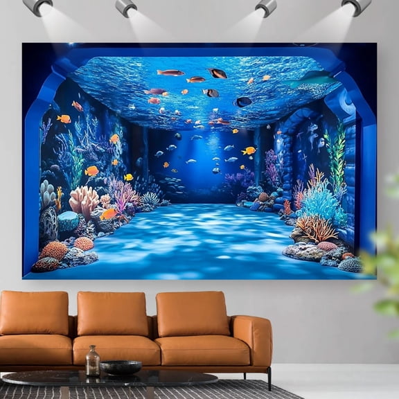 Underwater Ocean Theme 2D Flat tapestry- Marine Life Fish & Coral Reef Wall Mural with Tunnel Effect, Blue & Turquoise Aquarium Backdrop Room, Party, Wedding, Aquarium Decor