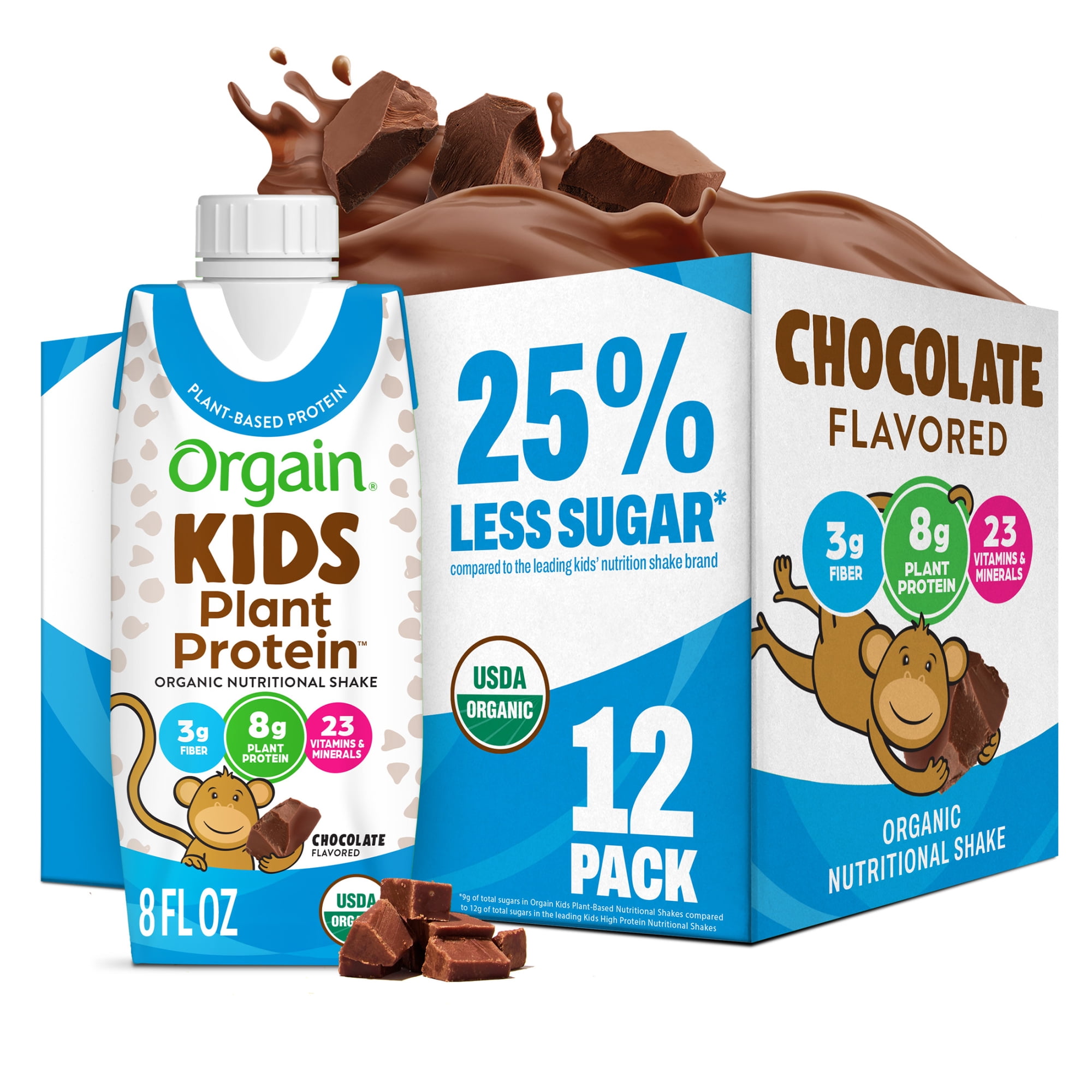 Orgain Organic Kids Nutritional Vegan Protein Shakes, Chocolate, 8 Fl Oz, Pack of 12