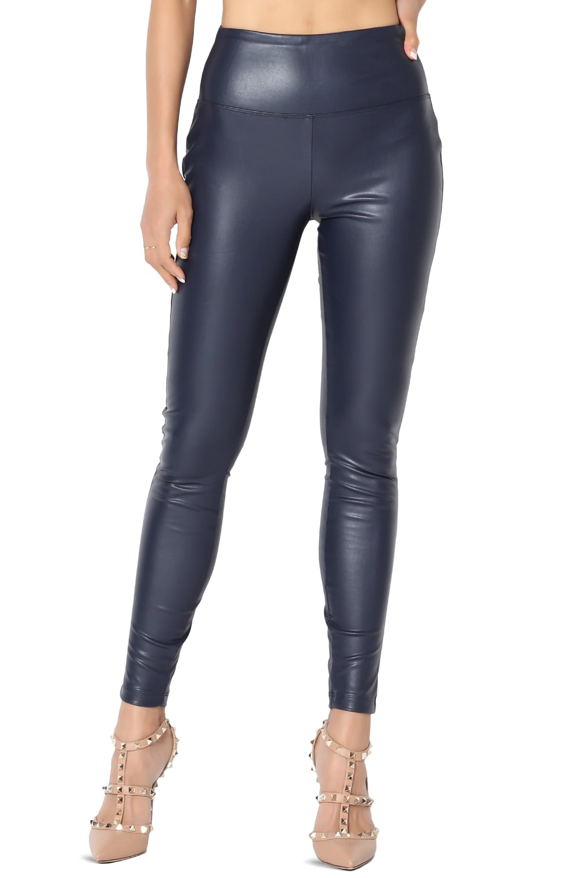 Themogan Women S Sexy Faux Leather Wide Band High Waist Leggings Tights Pants