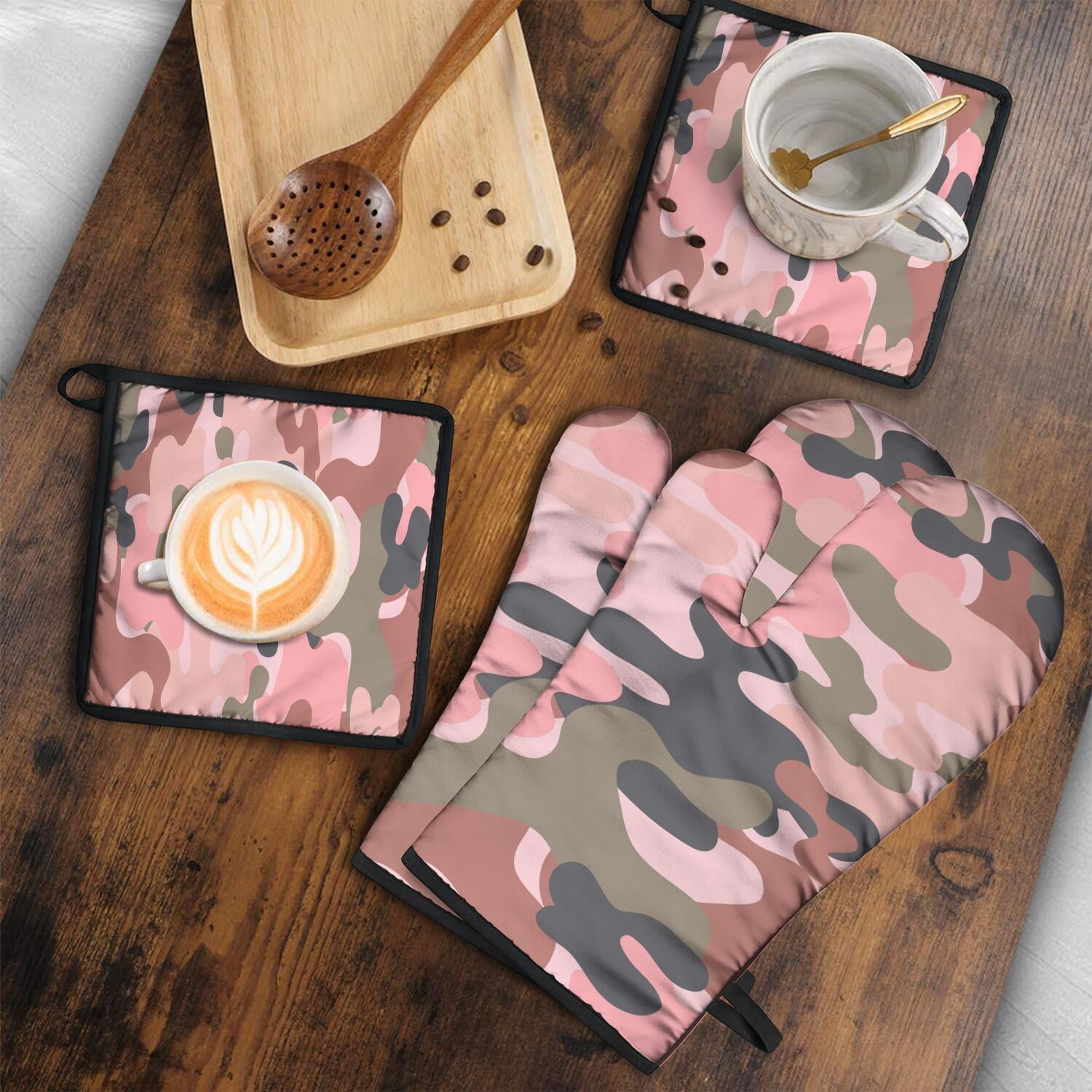 Camouflage Oven Mitts and Pot Holders Set Of 4, Heat Resistant Kitchen Gloves with Non-Slip Grip, Hanging Loop, Soft Cotton Lining for Baking, Cooking, Grilling, Barbecue