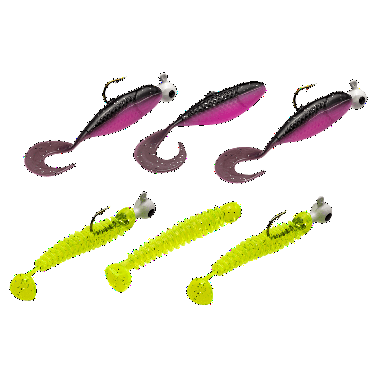 Ozark Trail Kicktail Curltail Combo Pack Chartreuse Silver Bubble Gum Panfish Lure - 6 Pieces