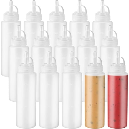 8oz Condiment Squeeze Bottles: Sauce Bottles with Twist on Caps and Measurement, Leakproof Squirt Reusable Plastic Oil Container Dispenser for Ketchup, BBQ, Salad, Dressing (Pack of 12)