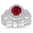 thumbnail image 2 of 6mm Round Cut 2.25 Carat Red Ruby Moissanite Diamond Antique Halo Bridal Set Engagement Ring on 10k White Gold, 2 of 3