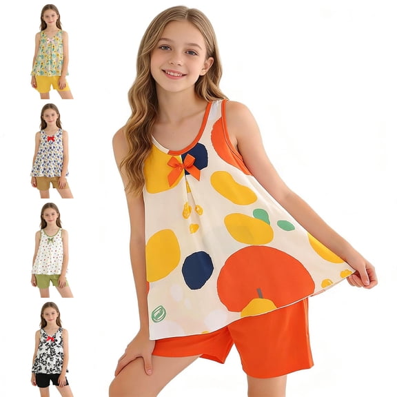 Asxite Toddler Girls Summer Outfits Print Sleeveless Top and Shorts Set 4-16Y