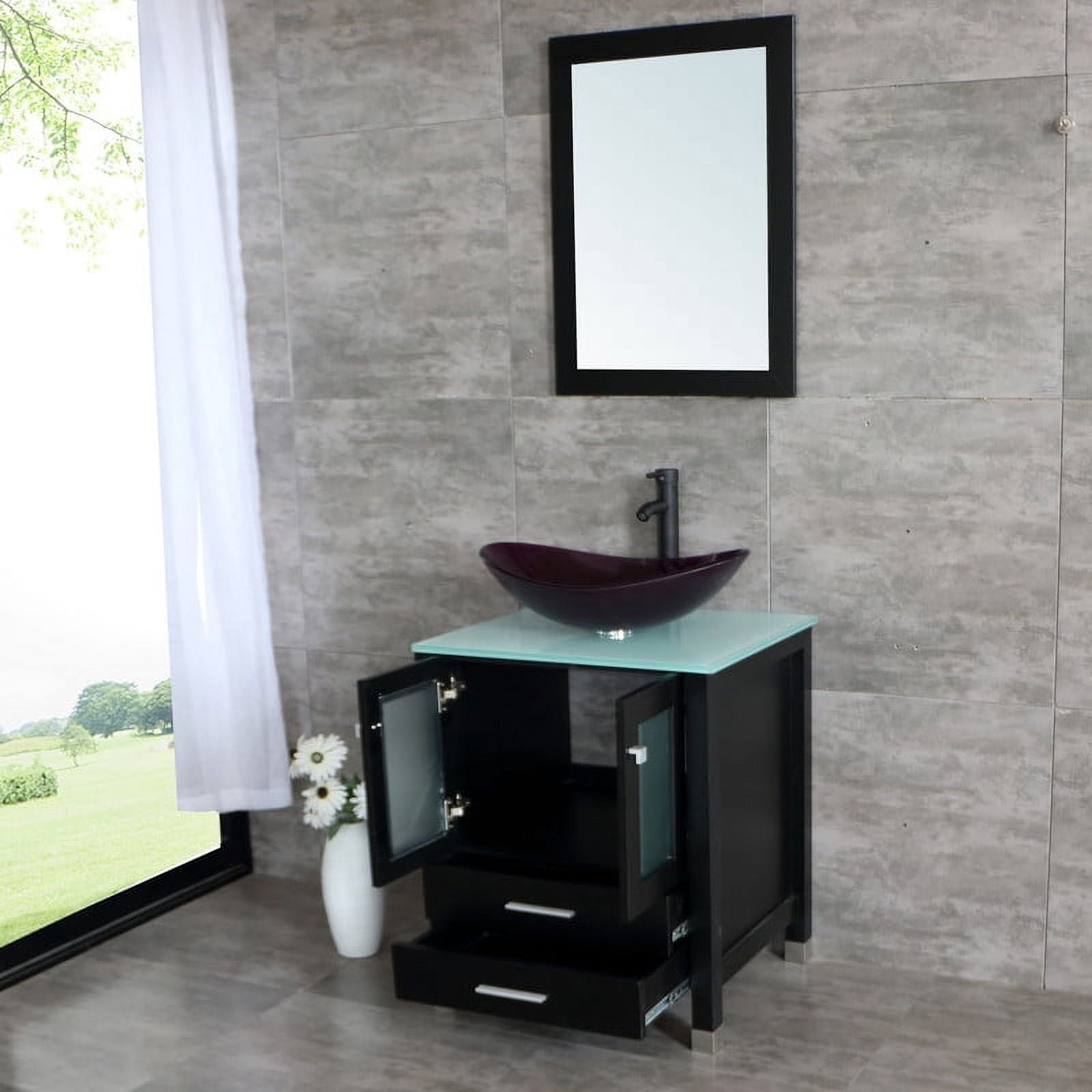 Walsport 24" Luxurious Bathroom Vanity with Purple Tempered Glass Vessel Sink Bowl and Countertop and Mirror and Faucet,Stand Floor Cabinet Bathroom Storage Vanity with Pop Up Drain,Black