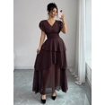 thumbnail image 4 of Womens Brown V-Neck Tiered Ruffle Maxi Dress Flutter Sleeve Asymmetric Hem, 4 of 7